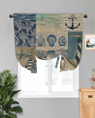 Tie Up Curtains for Windows, Nautical Coastal Adjustable Balloon Nature Linen Textured Kitchen Curtain, Vintage Sea Anchor Boat Underwater World Beige Room Darkening Curtains for Glass Door, 42x45 In