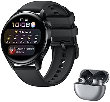HUAWEI WATCH 3 - 4G Smartwatch, 1.43'' AMOLED Display, eSIM Telefonie, 3 Tage Akkulaufzeit,30 Monate Garantie, schwarzes Fluorelastomerarmband,inklusive FreeBuds Pro