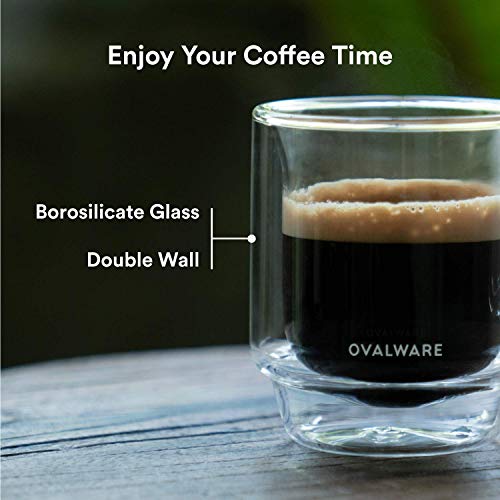 Ovalware Rj3 Espresso Coffee Glass Cups 4Oz/120Ml (Set Of 4) Double Walled W/Solid Butterfly Handle - Elegant Borosilicate Espresso Shot Mug - Stackable Insulated Transparent Demitasse Glass #TOP1