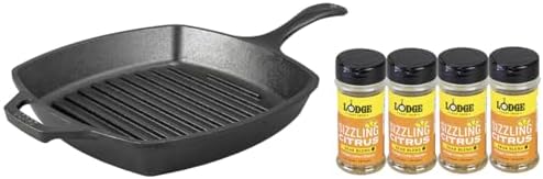 Bundle of Lodge 10.5 Inch Cast Iron Pre-Seasoned Square Grill Pan + Lodge Sear Blend 5.3 oz (4 Pack) – Sizzling Citrus
