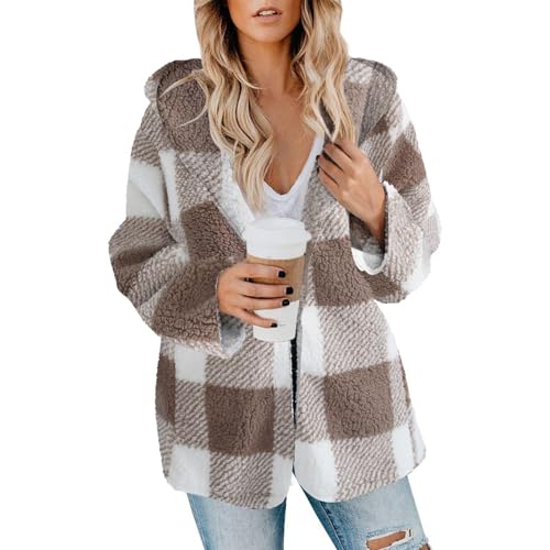 Women Fleece Jacket Plaid Sherpa Jacket Open Front Flannel Hooded Cardigan Long Sleeve Winter Coats with Pockets3