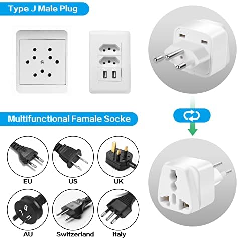2-Pack UK to Switzerland Plug Adapters Swiss Power Converter Grounded Universal Travel Adapter 3 Pin Switzerland International Type J Plug (White)