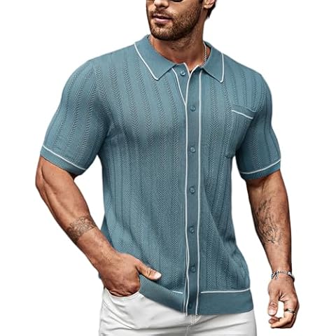 Moda Viva Men's Short Sleeve Hollow Out Beach Shirt Lightweight Breathable Polo Shirt Blue L Cover