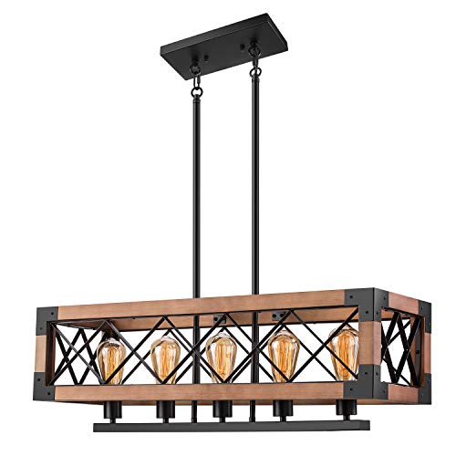 Pynsseu Rectangle Wood Metal Vintage Pendant Light, Industrial Kitchen Island Hanging Pendant Lighting