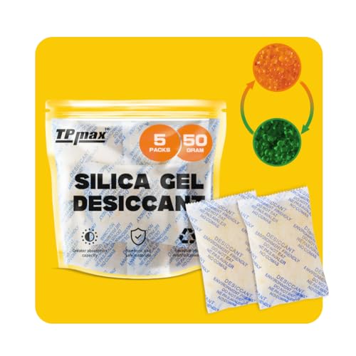 50g x 5 Packs Silica Gel Desiccant Sachets, Reusable Dehumidifiers with Color Indicator, Ideal for Storage, Closets, and Basements
