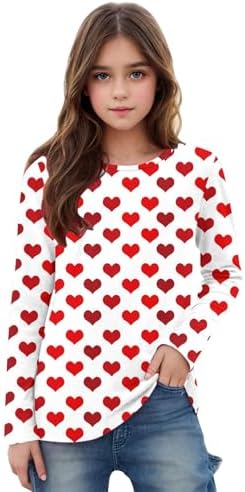 Girls Valentines Shirts Cute Love Heart Tops Long Sleeve Loose Soft Graphic Tees Kids Valentine Outfits