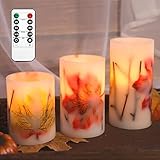 Crystal Club Fall Flameless Candles with Remote and Timer, Autumn Maple Leaves Battery Operated Candles Flickering LED Pillar Candles for Autumn Harvest Halloween Thanksgiving Decor