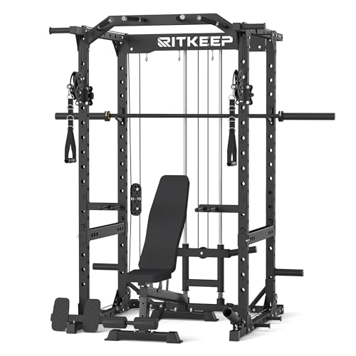 RitKeep M10 Multi-Functional Power Rack - 5 in 1 Power Rack with Pulley System and Cable Crossover, Squat Rack for Home Gym Workout Racks (Black with RAB-2000 Bench, 1200 LB Barbell)