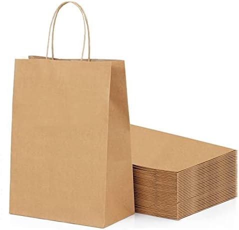 Skycase Pack of 25 Paper Bags, Kraft Paper Bags, Small Paper Bags, 15 x 8 x 21 cm, Kraft Paper Bags with Handle, Brown Wrapping Paper Bags, Gift Bags, Bottom Bags for Wedding, Gift Party Favours