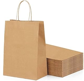 Skycase Pack of 25 Paper Bags, Kraft Paper Bags, Small Paper Bags, 15 x 8 x 21 cm, Kraft Paper Bags with Handle, Brown Wrapping Paper Bags, Gift Bags, Bottom Bags for Wedding, Gift Party Favours