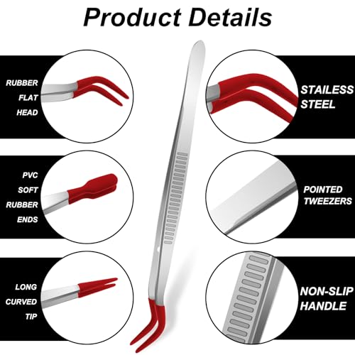 WLLHYF 3 Pieces Tweezers with Rubber Tips Set including Red Silicone Coated Flat Bent Pointed Tip Tweezer for Crafting Jewelry Eyelash Tool Applicator Industrial Sticker Long Tweezers - Image 3