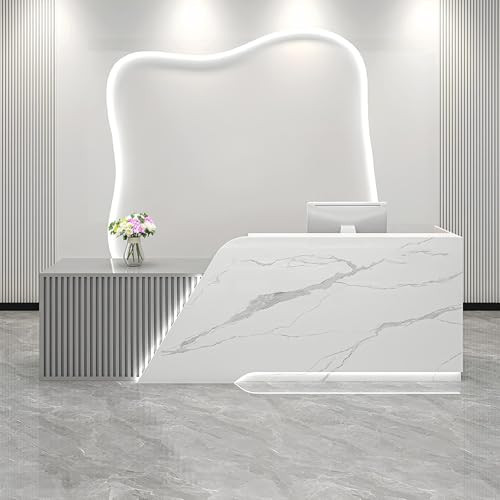 Genérico Mostrador de recepción, mostrador de Venta minorista, Caja, cajero, Mesa de Oficina con cajones, Cable, Moderno mostrador de recepción Frontal con iluminación LED, cajón con Cerradura y Cons