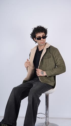 Image of Men's Sherpa Lined Corduroy Jacket | Warm Winter Jacket with Fur Collar & Cuffs | Soft Fleece Lining, Multiple Pockets - Brown, Olive Green, Chocolate Brown