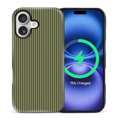 Akinmi for iPhone 17 Case,Compatible with MagSafe,Cute Striped Phone Case Shockproof Soft TPU and Hard PC Protective Phone Cover for Women Girls,Olive Green Striped by Akinmi - Used condition - US$8.72