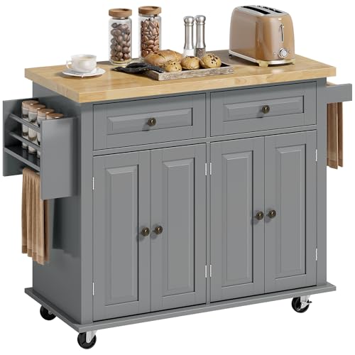 HOMCOM Kitchen Island Cart with Rubber Wood Top, Rolling Kitchen Island Table on Wheels with Drawers, Adjustable Shelves, Spice Rack and Towel Rack for Dining Room, Gray