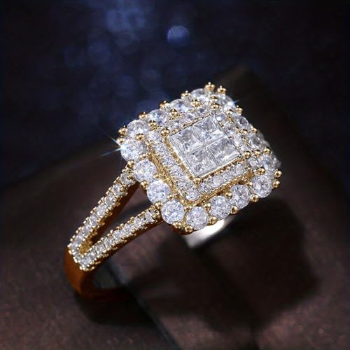 Golden Plated Copper with Square Cubic Zirconia Engagement Rings Wedding Bridal Band Promise Rings Evening Parties Anniversary Valentine's Day Gifts Eternity Bands for Women2