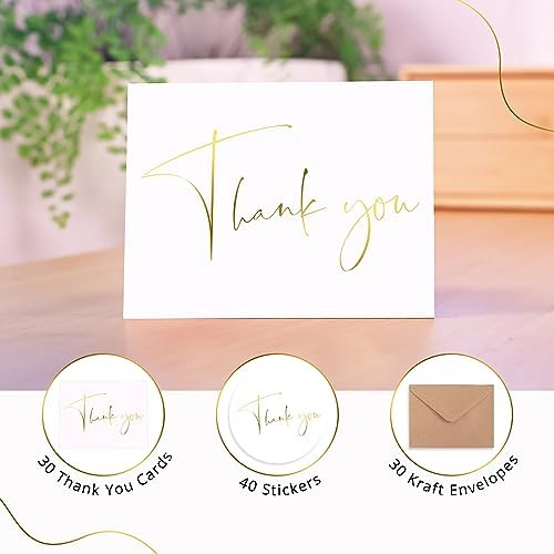 Thank You Cards with Envelopes, Bulk Pack of 30 with Matching Stickers, Modern Design – Blank Cards for Weddings, Baby Shower, Small Business, Graduation, Bridal Shower (White) — view 3