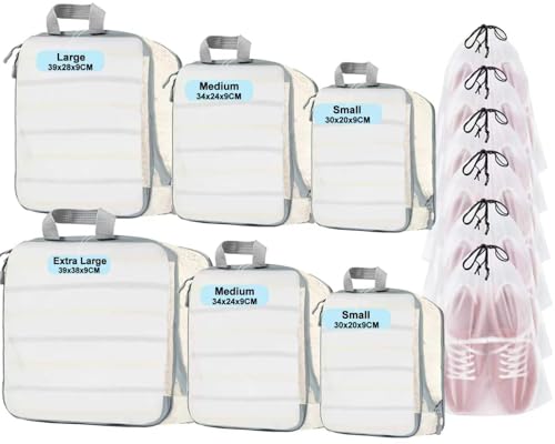 Packing Cubes Compression 6-teiliges, Packwürfel Kompression mit Doppelreißverschluss & transparenter Mesh-Einsicht, Set mit 6 extra großen Schuhbeuteln (12er Set Beige – 5 verschiedene Größen)