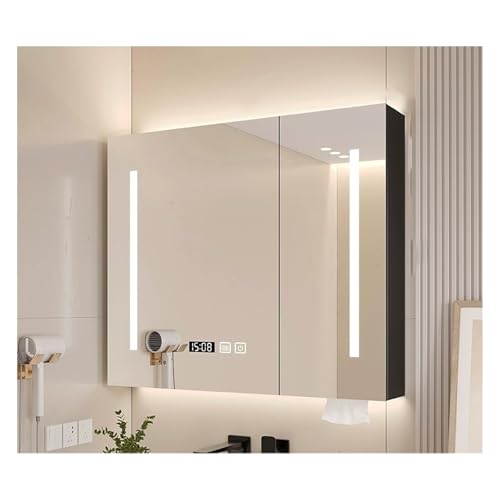 Armario de baño iluminado con espejo LED de 60 x 70 cm, color negro, multifuncional y elegante, almacenamiento para hogares, apartamentos, hoteles, diseño moderno con espejo iluminado