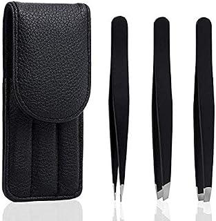 Stainless Steel Tweezers Slanted, Pointed and Flat Tip for The Removal of Facial, Ingrown Hairs, Splinters and The Treatment of Blackheads, Black