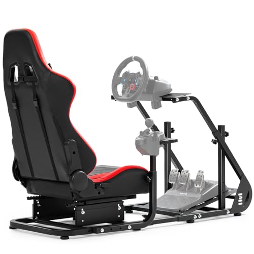 Marada Adjustable Racing Simulator Cockpit Frame with Gear Shifter Mount Fit for Logitech G29,G920,G923 with Red Seat Steering wheel stand Not Included Steering Wheel, Pedal & Shifter
