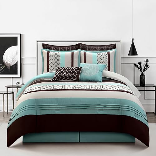 Stratford Park Bedding Striped Pintuck 8-Piece Comforter Set, Aqua Brown, King Size, All Season Bedding Set