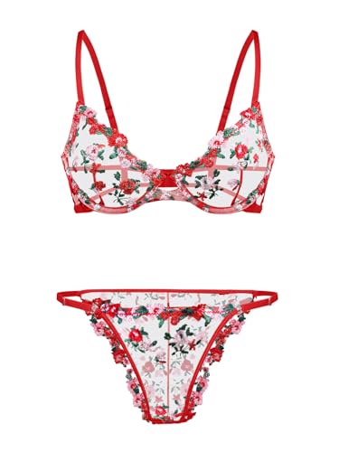 Image of Lilosy Sexy Floral Embroidered Mesh Sheer Underwire Lingerie Set