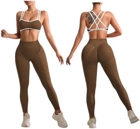 2PC Workout Sets For Women High Waisted Gym Leggings and Cross Ba...