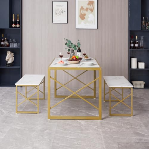 Image of VECELO 55 inch Kitchen Dining Table Set for 4, Heavy-Duty Steel Frame & Wood-Grain Tabletop, Space-Saving Dinette Sets with 2 Benches for Breakfast Nook and Small Space, Golden