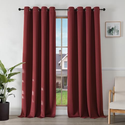Image of Joydeco Blackout Curtains for Bedroom 55 x 96 Inch, Eyelet Thermal Insulated Energy-saving Drapes for Room Darkening Light Filtering, Long Window Treatments 96 Inch Drop, 2 Panels - Burgundy Red