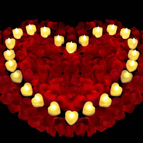 Childom Valentines Decorations,Red Rose Petals and Candles Set,1000 Pcs Fake Rose Petals with 24 Pcs LED Heart Candles,Silk Roses Petals for Romantic Night Decorations for Bedroom,Welcome Home