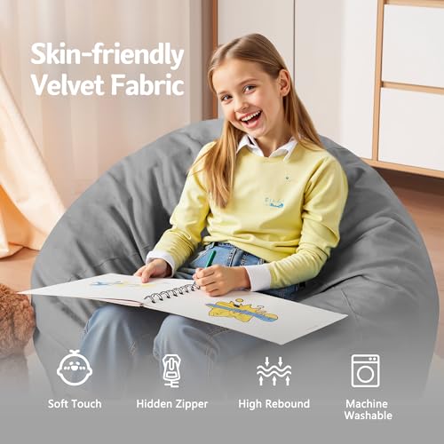 Homguava 2FT Bean Bag Chair: 2' Bean Bags with Memory Foam Filled,Comfy Beanbag Chairs Round Bean Bag Sofa with Dutch Velvet Cover-Light Grey