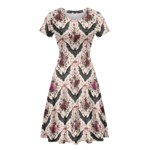 Image of POLERO Women Puffy Swing Elegant Party Midi Dresses Short Sleeve Round Neck A-Line Dress