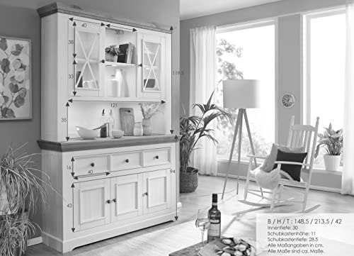 Woodroom Oslo Buffet Vitrine Vitrinenschrank Standvitrine Wohnzimmerschrank, Holz, Weiß, Hoch und Schmal
