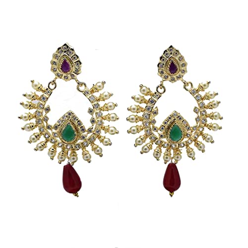Image of KOLLAM SUPREME FASHIONABLE AD STONE AND PEARLS BIG RAMLEELA BALI EARRINGS FOR WOMEN