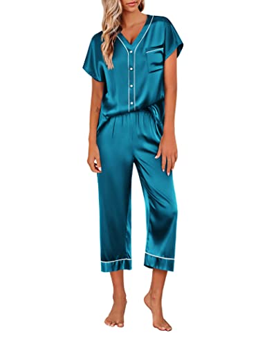 Ekouaer Silk Women Pajamas Short Sleeve Sleep Set Casual Pjs Soft Button-Down Sleepwear Sleep Top With Long Pant Dark Green #TOP20