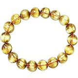 HHCTEBEC Pulsera de Cuarzo rutilado de Citrino Natural y Oro, Cuentas curativas de Cristal Genuino para Mujeres y Hombres, joyería de Piedra elástica Ajustable para Riqueza, abundancia,7MM
