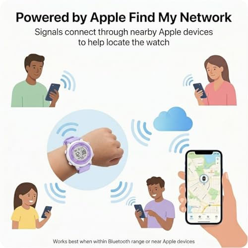 Image of BAWY Kids Tracking Watch Compatible with Apple Find My | Digital Watch with Tag for Kids Tracker Bluetooth GPS 30M Outdoor Range No Sim Needed | Anti-Lost Alert, Alarm, Waterproof Watch (Purple)