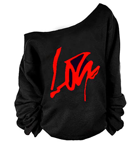 Image of MAGICMK Woman's Sweatershirt Lips Print Causal Blouse Off The Shoulder Long Sleeve Loose Slouchy Pullover Plus Size Tops