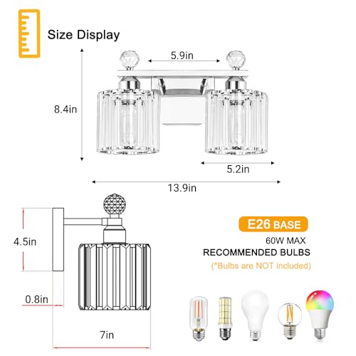 Image of Lxybcce Modern Crystal Bathroom Vanity Light, 14In 2-Lights Bathroom Light Fixtures, Chrome Vanity Light Fixtures Over Mirror, Easy Installation & Shadow-Free Illumination for Bathroom Mirror Decor