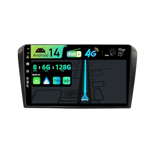 BXLIYER | Eingebaut 4G LTE DAB | Android 14 QLED Autoradio für Mazda 3 (2006-2012) | 6G+128G | CarPlay Android Auto | Kamera + MIC | Daul-Band WiFi Lenkradsteuerung Bluetooth DSP | 9 Zoll Octa-Core