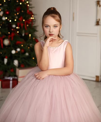 Elegant Satin Tulle Flower Girl Dresses for Wedding V Back Bow-Knot Pearls Princess Pageant Ball Gown3