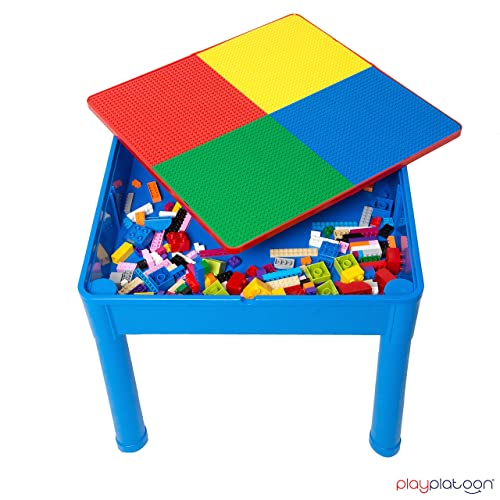Play Platoon 5 in 1 Kids Activity Table and Chair Set for Toddlers, Building Block, Craft & Sensory Tables for Toddlers with 2 Chairs & 25 XL Blocks - Yellow Red Green