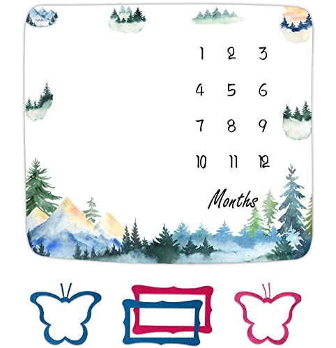 Image of Forest Mountain Monthly Milestone Blanket 48x40in Growth Chart Photo Gift | Milestone Blanket , Forest Mountain Age Monthly Photo Prop for Newborn Picture, with Growth Chart, Gift for Baby Shower