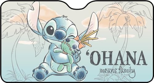 Tataway Parasol Delantero para Parabrisas de Coche Lilo & Stitch, 130 x 70 cm, Protector Solar UV con gráfico Oficial de Stitch sobre Fondo Lila | Universal para niños