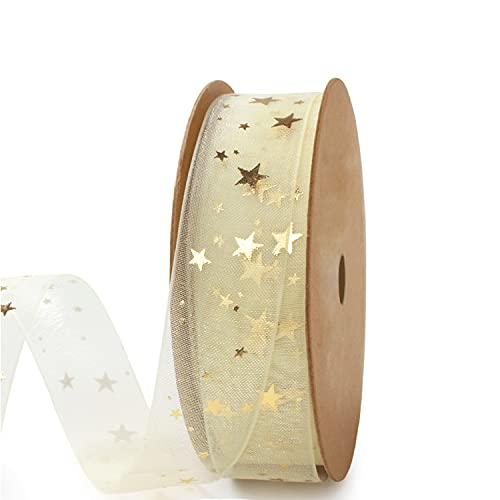 Holijolly Gold Star Sheer Ribbon - Snow Yarn Ribbon for Birthday, Wedding, Christmas - 3/4 inch x10 Yard by Holijolly - Used condition - US$8.90