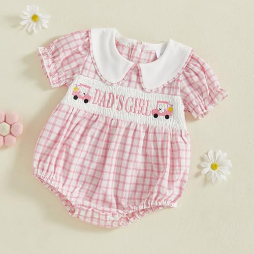 Adobabirl Baby Girl Smocked Bubble Romper Golf Cart Clothes Embroidered Short Sleeve Plaid Bodysuit Fathers Day Outfit2