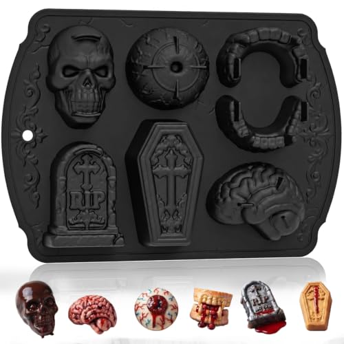 Image of HKNMTT Skull Cake Pizza Pan 6 Spooky Shapes Halloween Silicone Baking Mold | Skull Eyeball Fangs Tombstone Coffin Brain Cake Mold for Pizza Chocolate Musse Soap Ice Cubes Non-Stick Food Grade