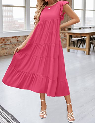 Zesica Women's 2023 Summer Ruffle Cap Sleeve Crewneck Casual Loose Flowy Pleated Tiered Midi Dresses With Pockets,Hotpink,Medium #TOP7