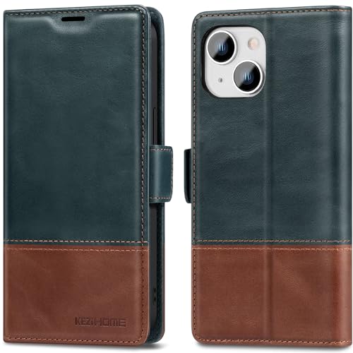 KEZiHOME Case for iPhone 15, Genuine Leather Wallet Case, [RFID Blocking] [TPU Inner Shell] Magnetic Closure Card Slot Shockproof Flip Phone Cover Compatible with iPhone 15 5G 2023' (Navy Blue/Brown)